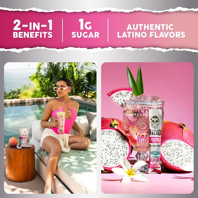 Salud 2-in-1 Energy Drink Powder + Focus, Dragon Fruit, Organic Caffeine, B6 + B12, Theanine, Clean