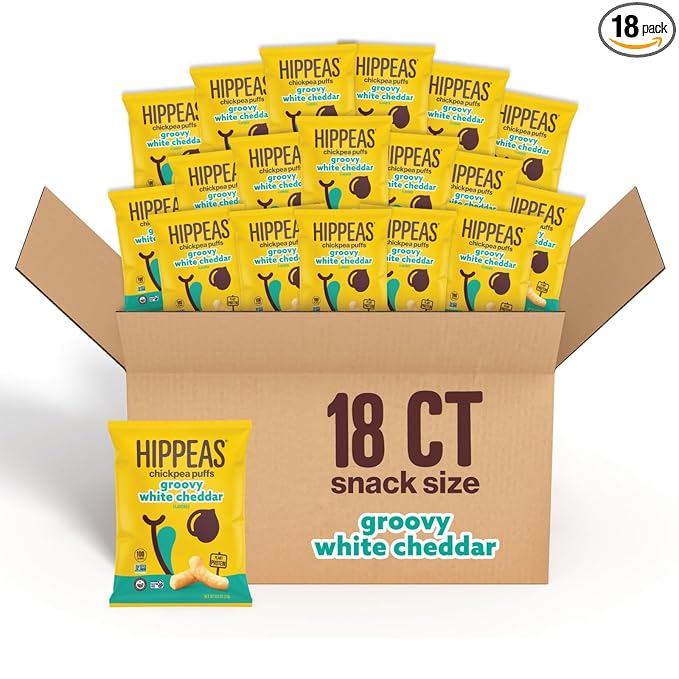 Hippeas Chickpea Puffs, Vegan White Cheddar, 0.8 Ounce (Pack of 18), 3g Protein, 2g Fiber, Vegan