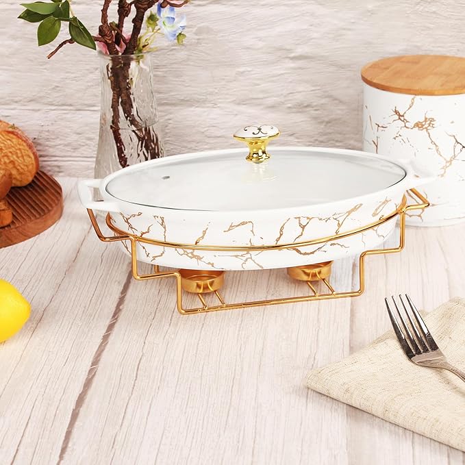 11" x 7" Ceramic Casserole Baking Dish With Glass Cover and with Golden Rack, Lasagna Pan Deep for