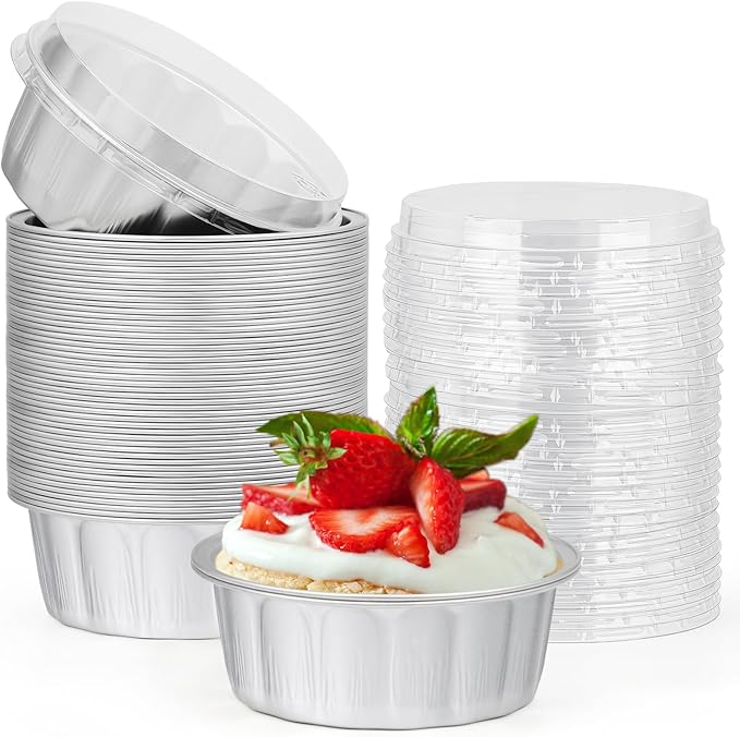 Beasea Ramekins with Lids, 8oz 50 Pack Disposable Aluminum Cups for Baking, Silver Aluminum Foil