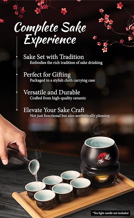 Japanese Sake Cup Set with 6 Ceramic Cups, 1 Ceramic Sake Bottle, 1 Ceramic Sake Warmer, Bamboo