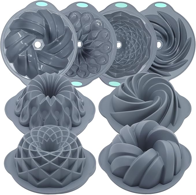 Tongjude 4 Pieces Silicone Fluted Cake Pans, 10/12 Cups Tube Baking Pan, Silicone Molds for