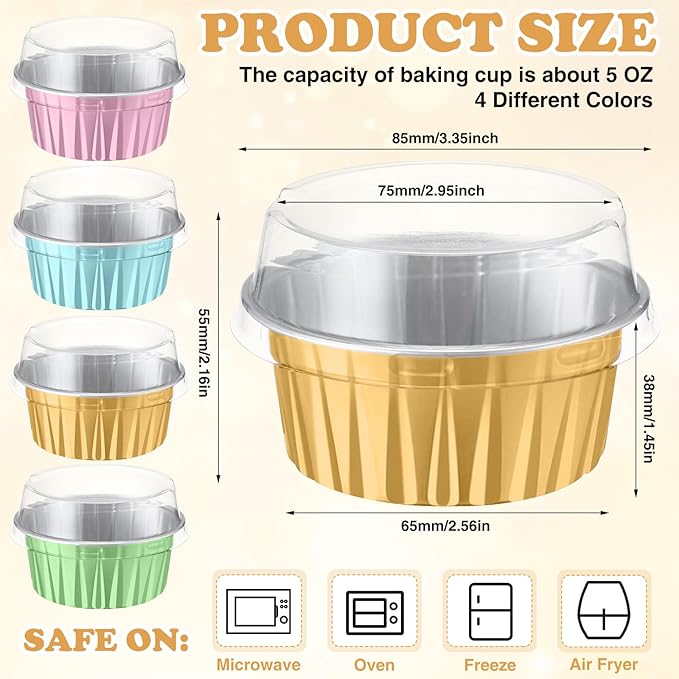 Gejoy 400 Pcs Aluminum Foil Baking Cups with Lids 5 oz Disposable Ramekins Mini Cake Pans Creme