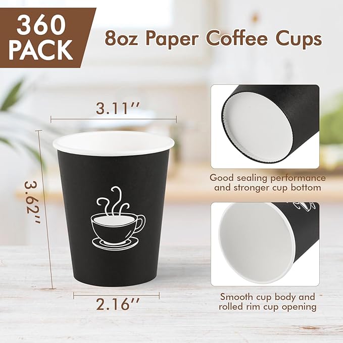 360 Pack 8 oz Paper Coffee Cups, Disposable Black Paper Cups for Hot Beverage, Drinking Water, Used