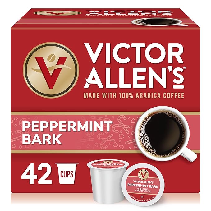 Victor Allen's Coffee Peppermint Bark Flavored, Medium Roast, 42 Count, Single Serve Coffee Pods