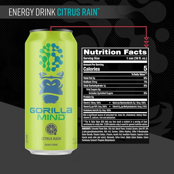 Gorilla Mind Energy Drink | Unmatched Energy · Amplified Focus | N-Acetyl-L-Tyrosine, Alpha-GPC