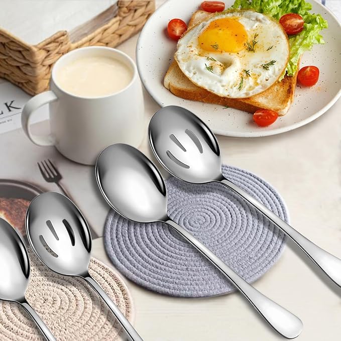 4 Piece Stainless Steel Serving Spoons Set, 10-Inch, Includes 2 Large, 2 Slotted, for