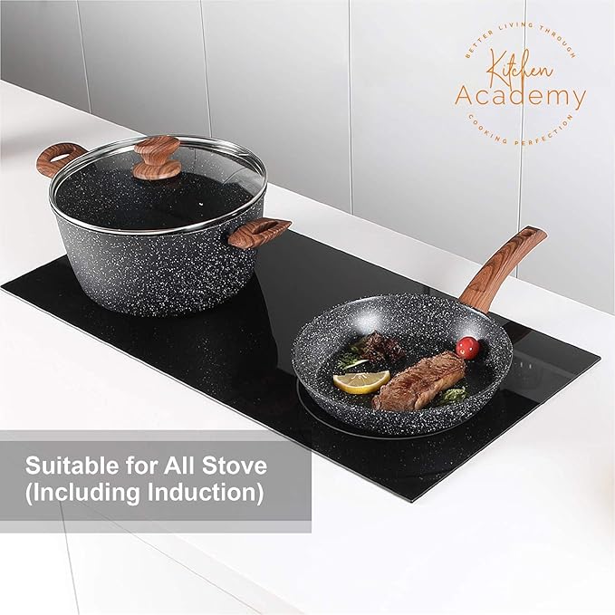 Kitchen Academy Induction Cookware Sets - 12 Piece Cooking Pan Set, Granite Black Nonstick Pots and