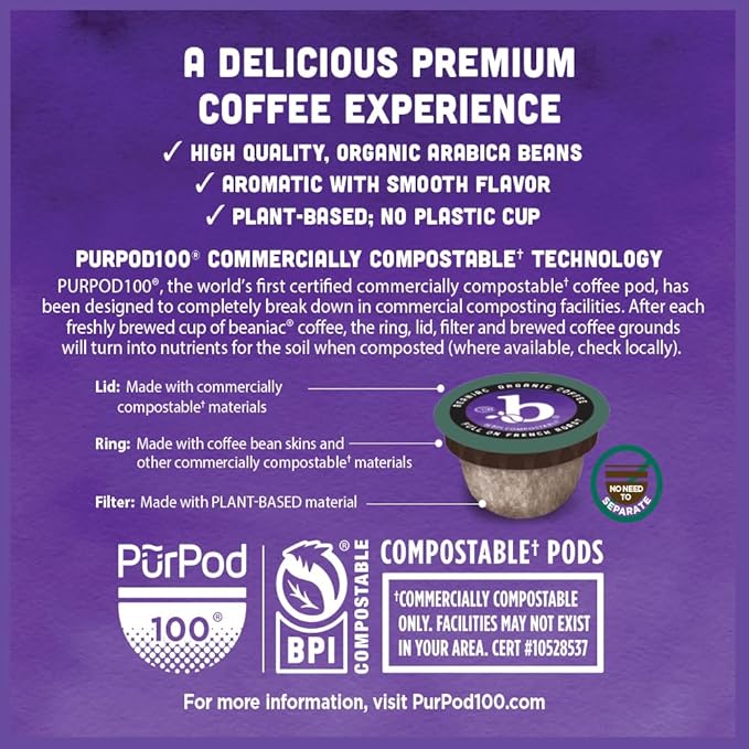 beaniac Organic Full On French Roast, Dark Roast, Single Serve Compostable K Cup Coffee Pods