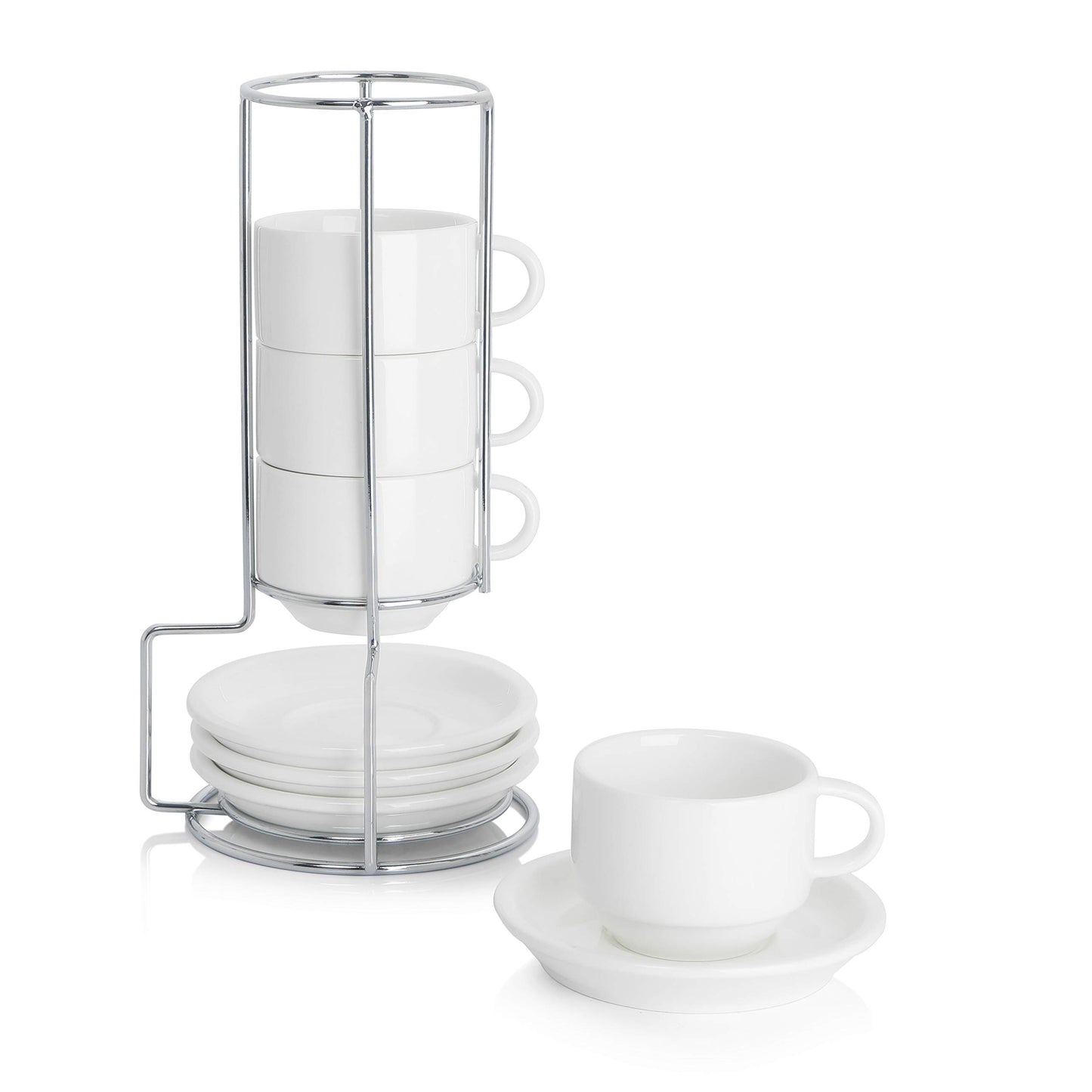Sweese Stackable Porcelain Cup & Saucer Set – Set of 4, 2.5 oz, White