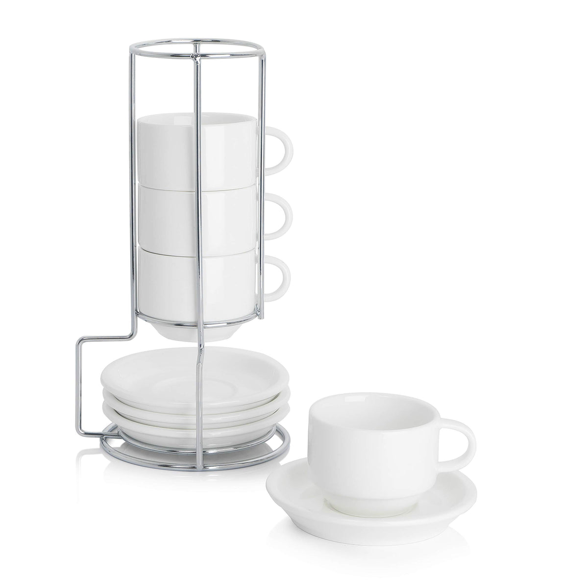 Sweese Stackable Porcelain Cup & Saucer Set – Set of 4, 2.5 oz, White