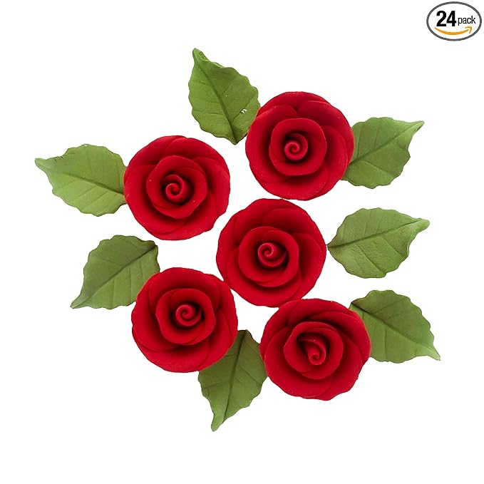Global Sugar Art Premium Wedding & Party Edible Rose Cake & Cupcake Sugar Flowers, Red, 24 Count