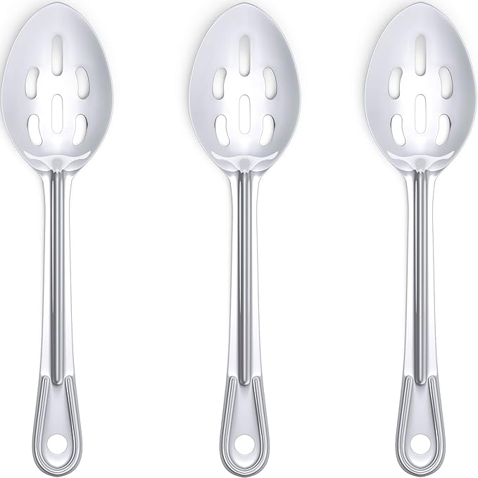 Super Strong, Ergonomic 11 in Serving Spoon 3 Pk. Big, Slotted Stainless Steel Spoons for Cooking