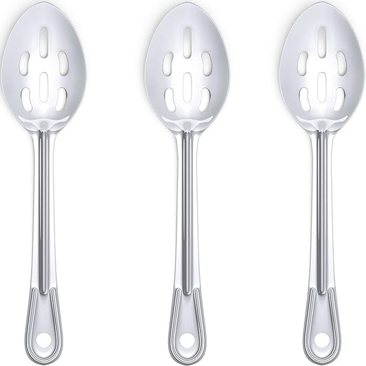 Super Strong, Ergonomic 11 in Serving Spoon 3 Pk. Big, Slotted Stainless Steel Spoons for Cooking