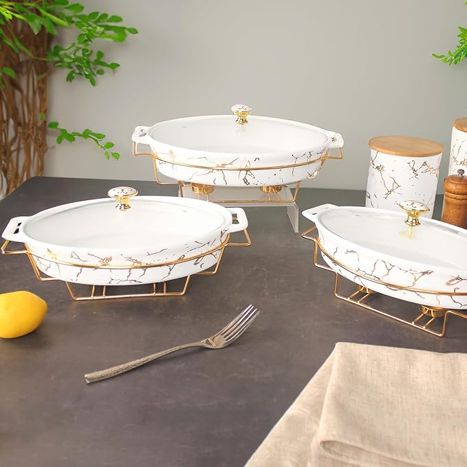 10" x 6" Ceramic Casserole Baking Dish With Glass cover and golden rack, Lasagna Pan Deep for Oven