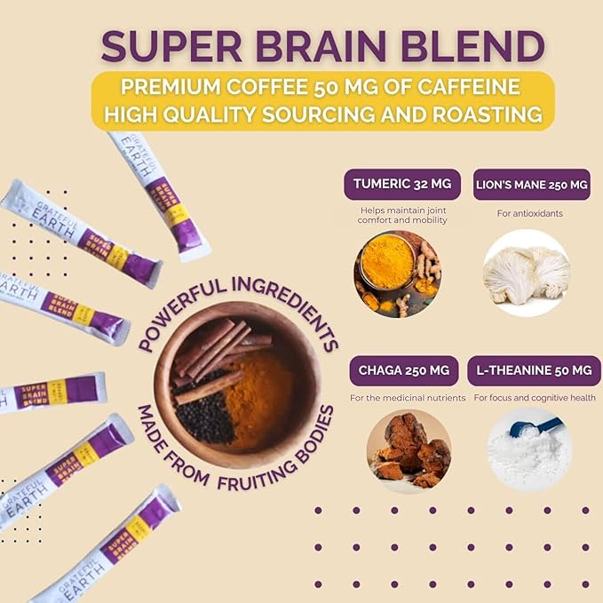 Grateful Earth Mushroom Coffee, Coconut Instant Coffee with Lion’s Mane Mushrooms, Chaga, Turmeric