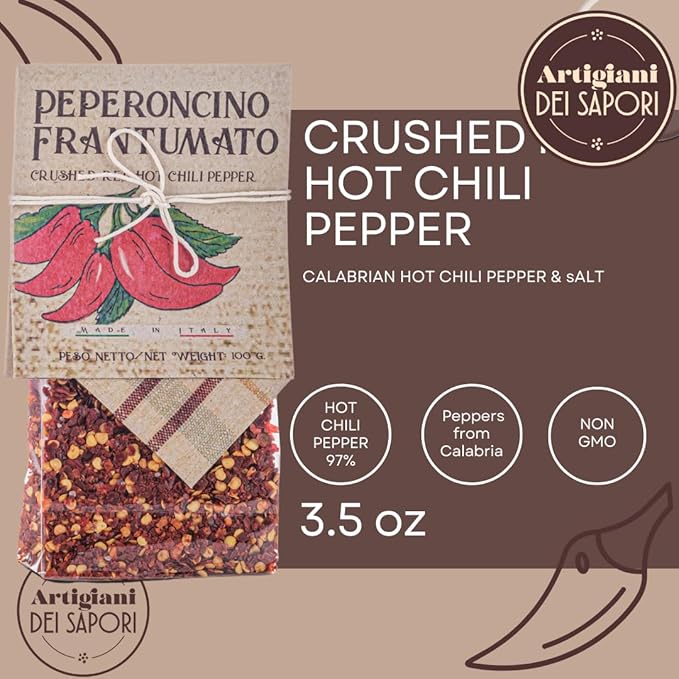 ARTIGIANI DEI SAPORI - Crushed Hot Red Chili Pepper Flakes, 3.5 oz Bag, Spicy Herb Seasoning