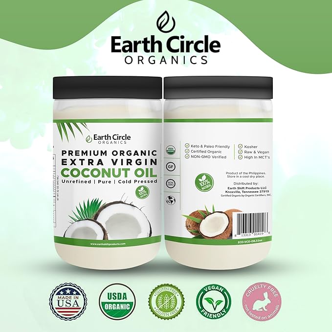 Earth Circle Organics Premium Ultra Pure Extra Virgin Organic Coconut Oil, Cold Pressed, Baking