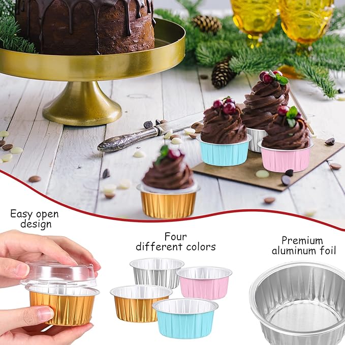 150 Pcs Cupcake Liners with Lids 5 oz Aluminum Foil Cupcake Baking Cups Disposable Ramekins Muffin