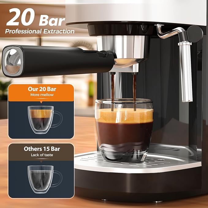 Espresso Machine 20 Bar, Professional Compact Stainless Steel Coffee Maker with LCD Display, Steam