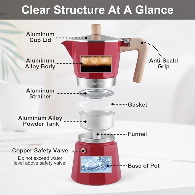 Sivaphe Aluminum Moka Pot 6 Espresso Cups, Percolator Espresso and Coffee Maker, Portable Stovetop