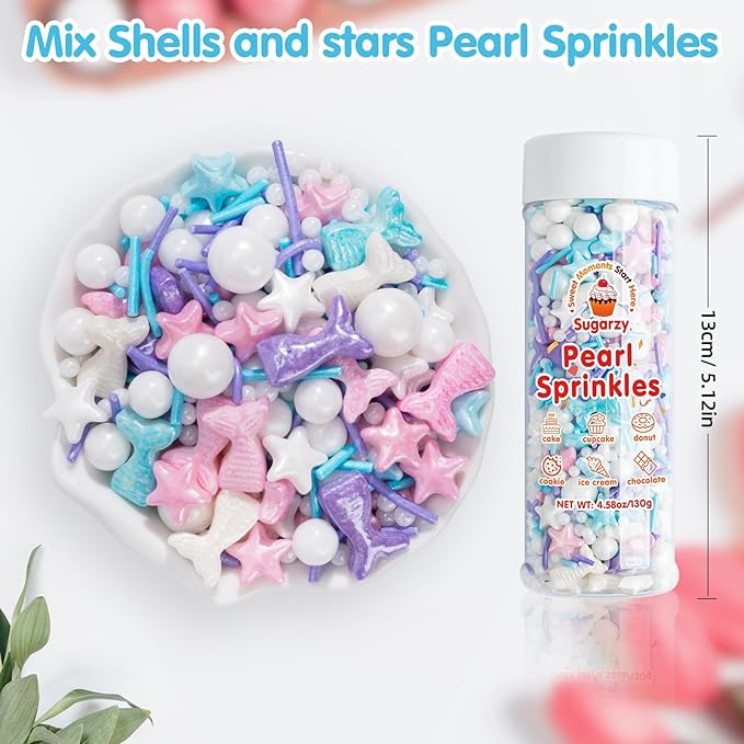 Mermaid Sprinkles,Edible Sugar Pearl Stars Jimmies Mix,130g/4.58oz,Pearl Candy Ocean Sprinkle for