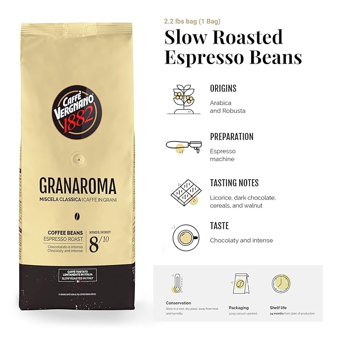 Caffe Vergnano 1882 Gran Aroma Whole Bean Arabica Medium Espresso Roast Coffee, 2.2lbs Bag