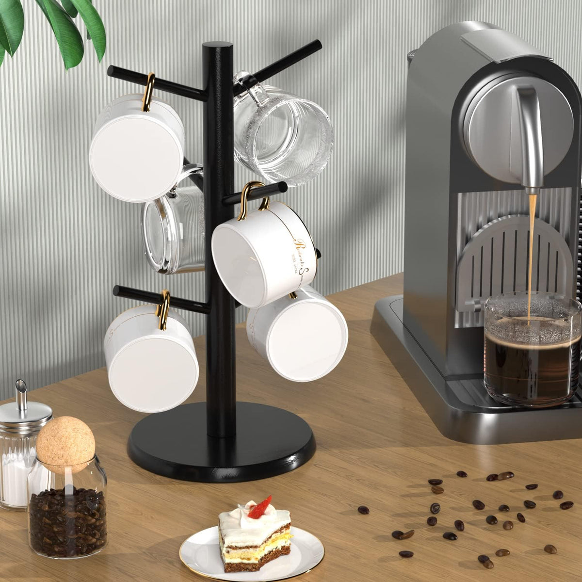 Coffee Mug Holder with 6 Hooks, Bamboo Mug Tree Stand for Countertop, Black
