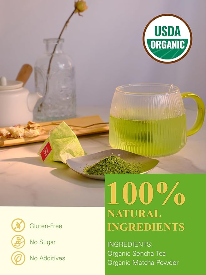 GLDNT Organic Matcha Green Tea Bags, Premium Organic Japanese Matcha + Sencha Green Tea, Rich in