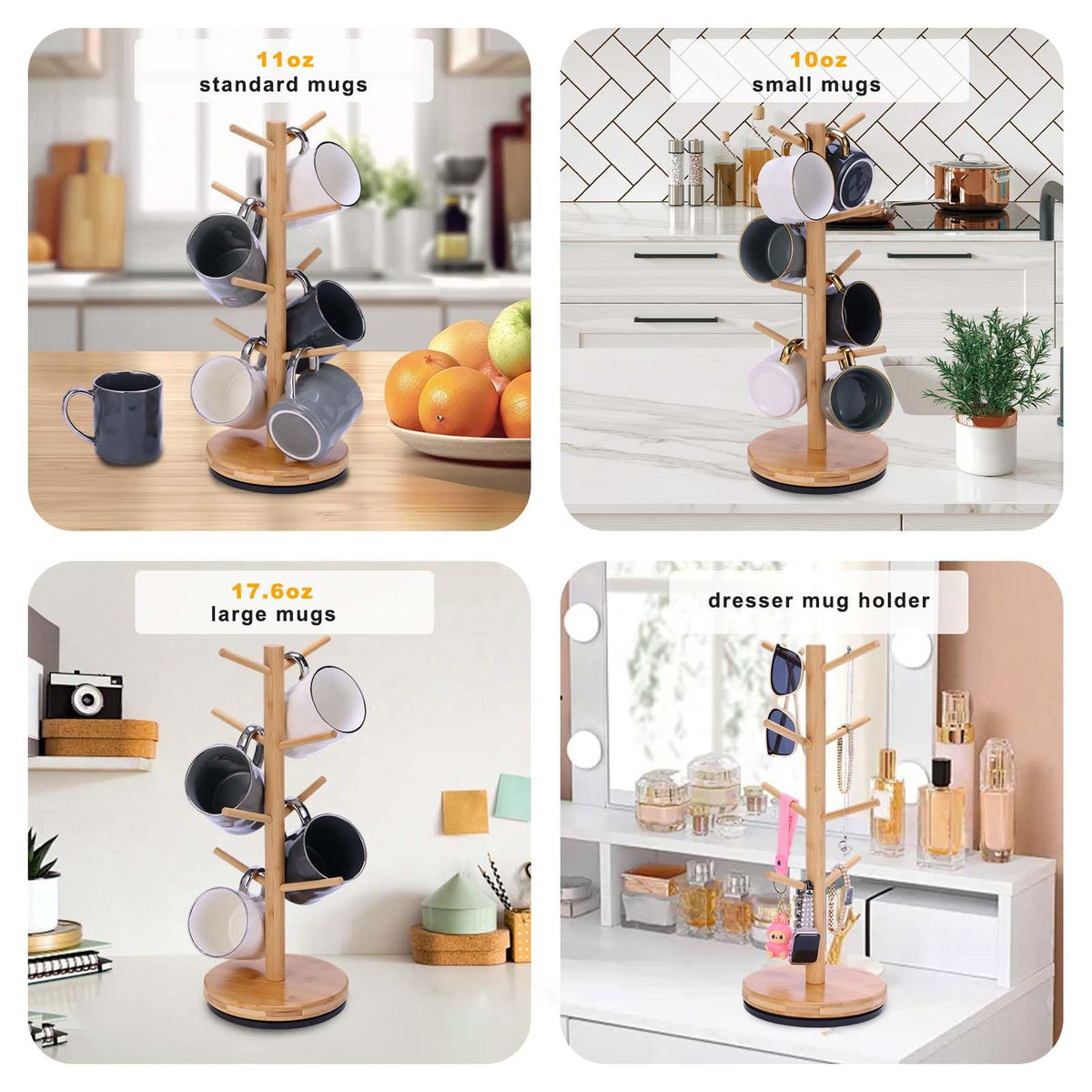 Krispmaild Mug Holder Tree, Upgraded 360° Rotated 8 Hooks Coffee Mug Holders for Counter, Bamboo