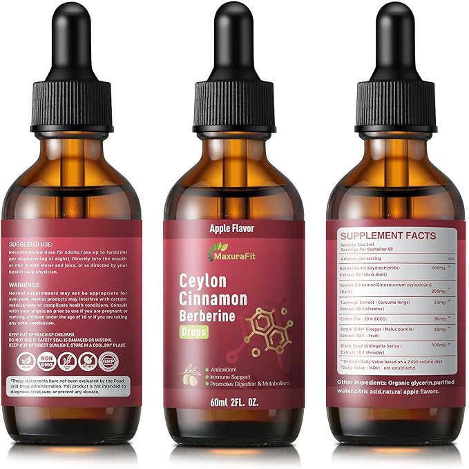 2 Pack Ceylon Cinnamon Berberine Bitter Liquid Drops Supplement with Turmeric,Green Tea,Apple Cider