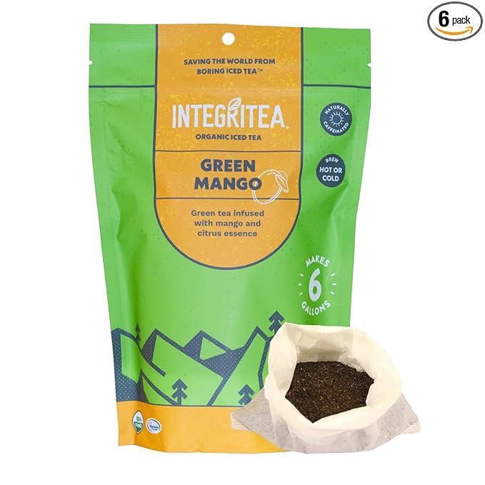 IntegriTEA Green Mango Flavored Green Tea, 6 Organic Unsweetened Iced Tea Bags, 6 Gallons, Hot or