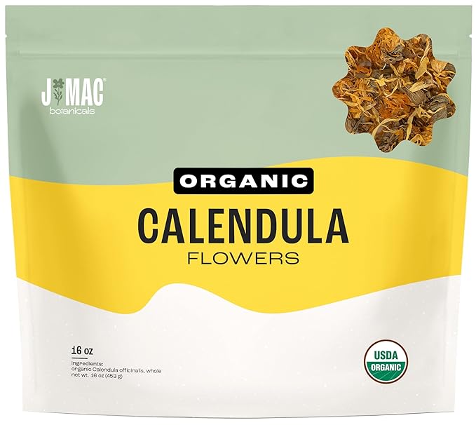 J Mac Botanicals, Organic Calendula Flower (16 ounce), whole dried flowers and petals, loose leaf