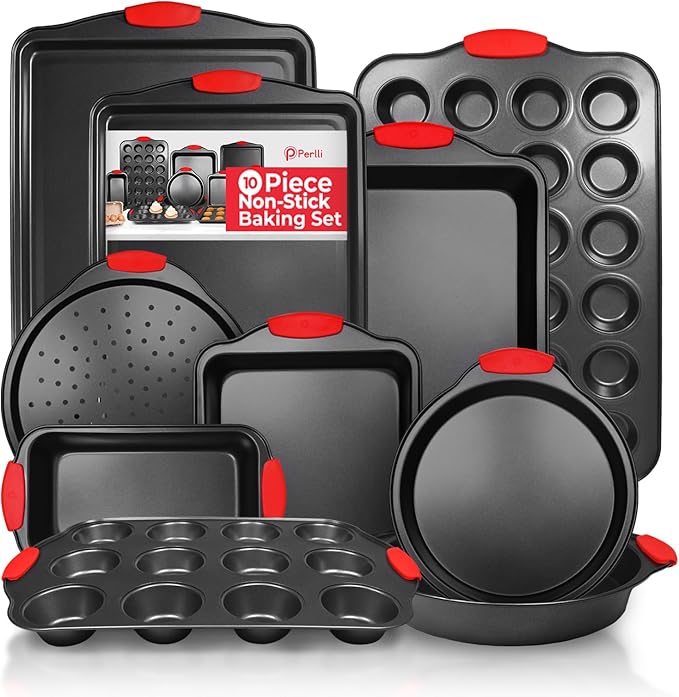 PERLLI Non-Stick 10-Piece Baking Pan Set, BPA-Free Carbon Steel Bakeware Set with Silicone Handles