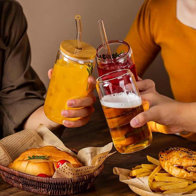 16 Oz Drinking Glasses with Bamboo Lids and Glass Straw - 6 Pcs Glass Cups Beer Ice Coffee Glasses