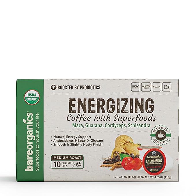 BareOrganics Energy Medium Roast Coffee, Organic, 10 K-Cup Pods, Superfoods & Probiotics Infused