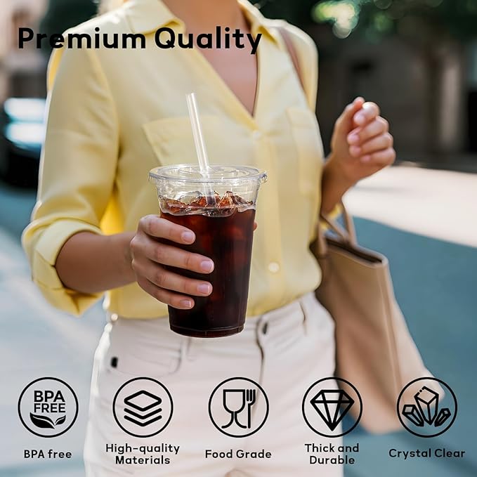 AOZITA 100 Pack 20 oz Disposable Plastic Cups with Lids and Straws, Clear Iced Coffee Cups for Cold