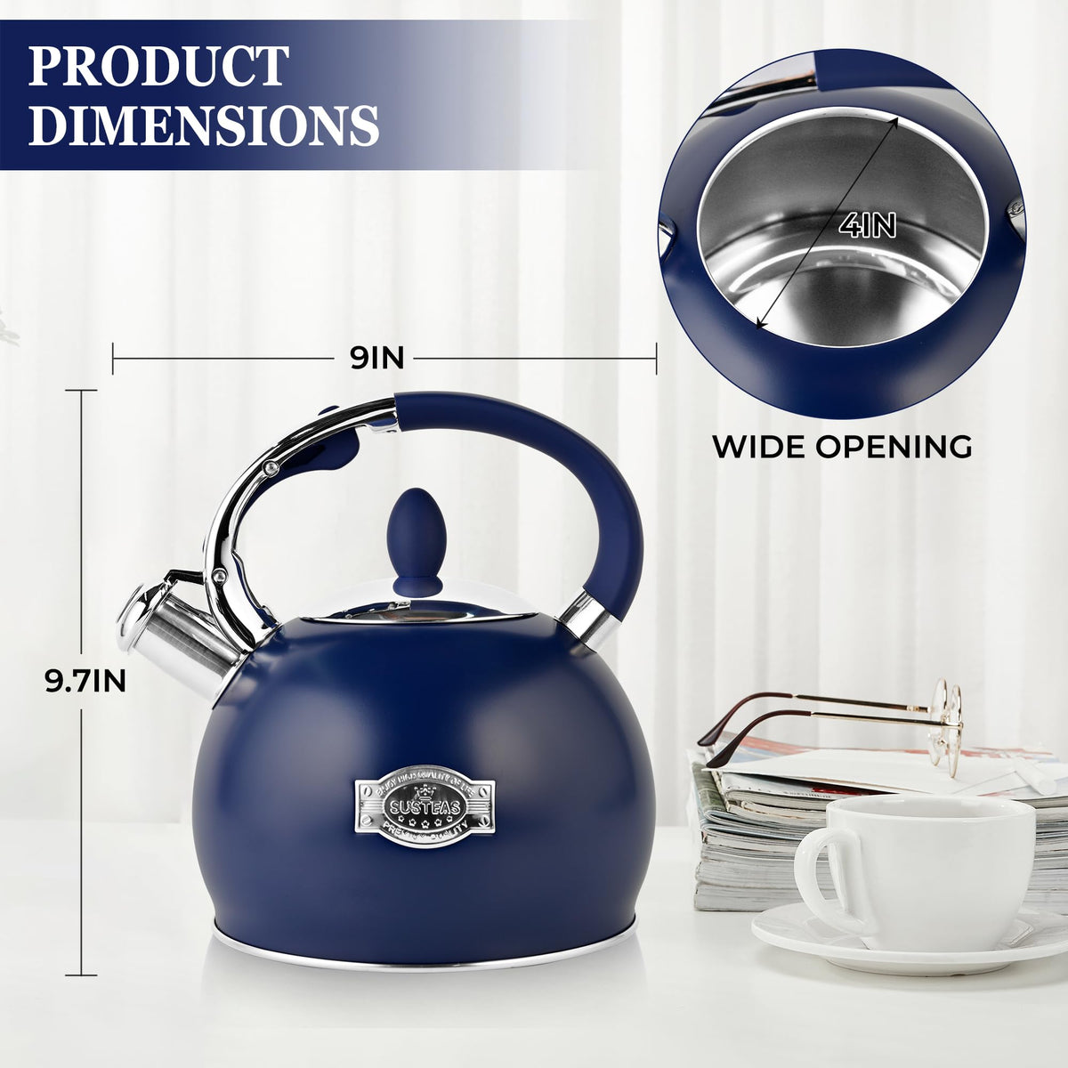 SUSTEAS Whistling Tea Kettle, 2.7QT Food-Grade Steel Teapot, NAVY BLUE