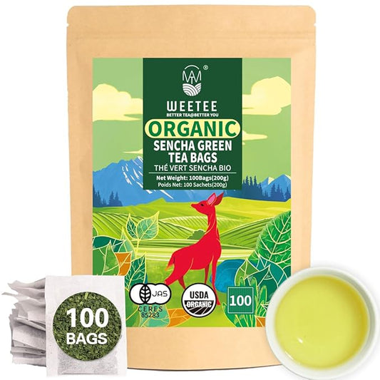 WT WEETEE Organic Sencha Green Tea Bags, Organic Steamed Green Tea 100 Count, Natural Caffeine &