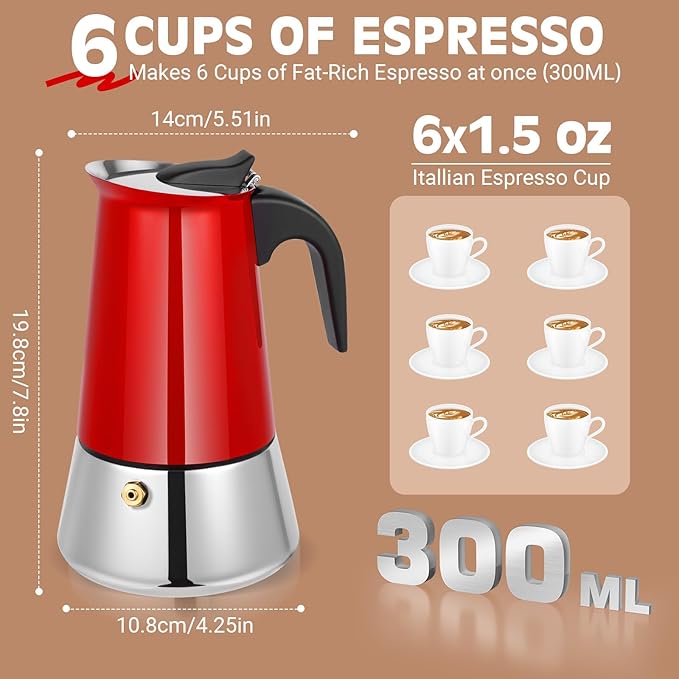 Moka Pot, 6 Cups (10.6 oz) Stovetop Espresso Maker, 304 Stainless Steel Moka Pot, Induction