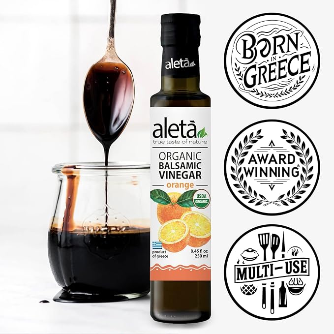 Aleta Farms Balsamic Vinegar, Greek Organic Orange Infused Aged Balsamic Vinegar, USDA Organic