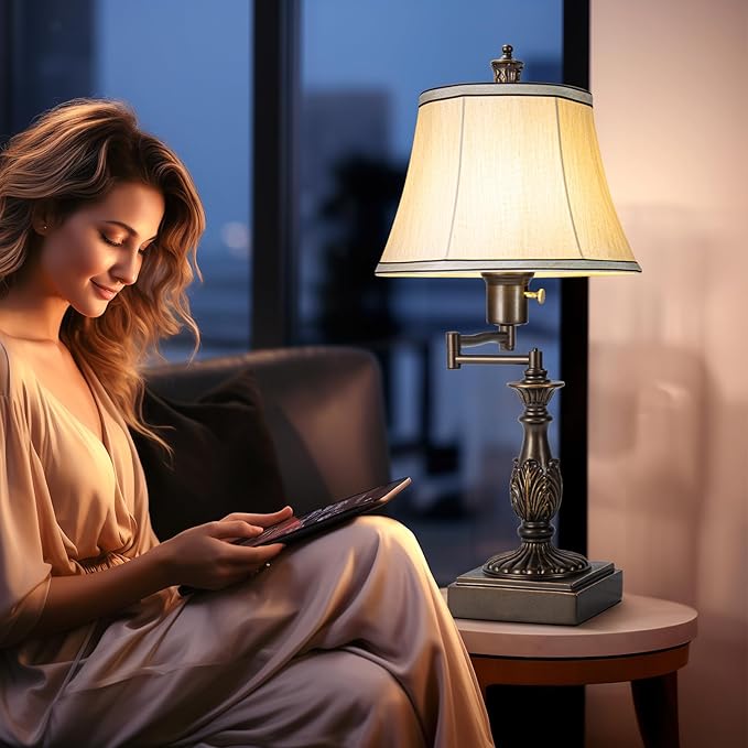 23.5" High Rustic Traditional 350° Adjustable Swing Arm Table Lamp Set of 2 with USB A+C Ports