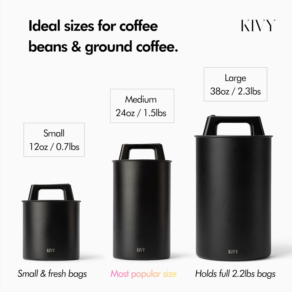 KIVY Vacuum Coffee Canister - Push Lid Preserves Aroma & Oil - Stainless Steel Airtight Container