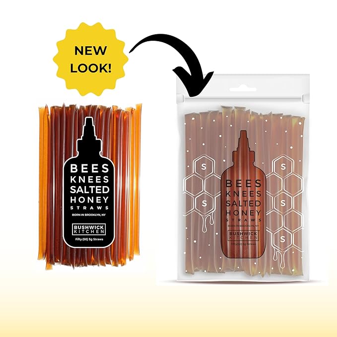 Bees Knees Salted Honey Sticks, 50 Sticks, 1 tsp Each, Wildflower Honey Straws Blended with Sea