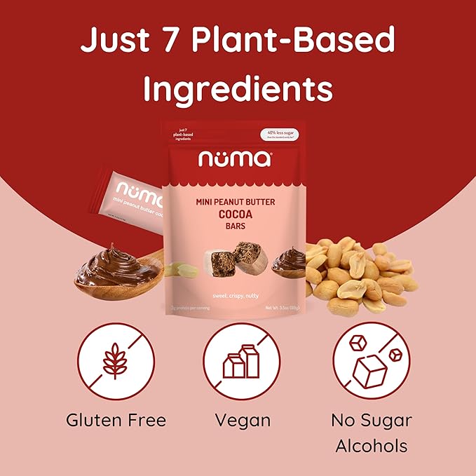 Numa Mini Peanut Butter Cocoa Bars - Vegan, Low Sugar, High Protein, Natural, Gluten Free - Crunchy
