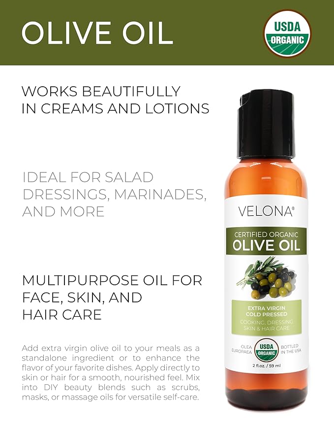 velona USDA Certified Organic Olive Oil - 2 Fl Oz | 100% Pure and Natural Carrier Oil | Extra