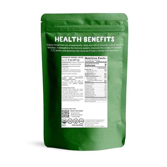 Food to Live - Organic Brazil Nuts, 8 Ounces Non-GMO, Raw, Whole, No Shell, Unsalted, Kosher