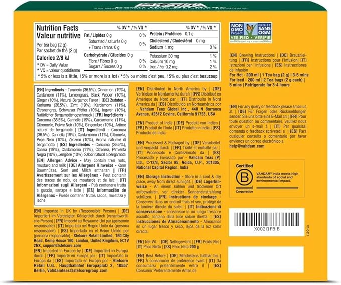 VAHDAM, Turmeric Spice Herbal Tea Bags (100 Pyramid Tea Bags) | Caffeine Free, Non GMO & Gluten