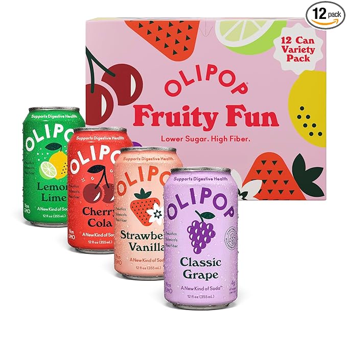 OLIPOP Prebiotic Soda Pop, Fruity Fun Variety, Pantry Pack Packed with Prebiotics, Fiber, and