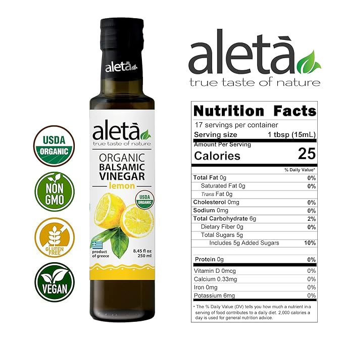 Aleta Farms Balsamic Vinegar, Premium Quality Lemon Infused Balsamic Glaze, USDA Organic, Perfect